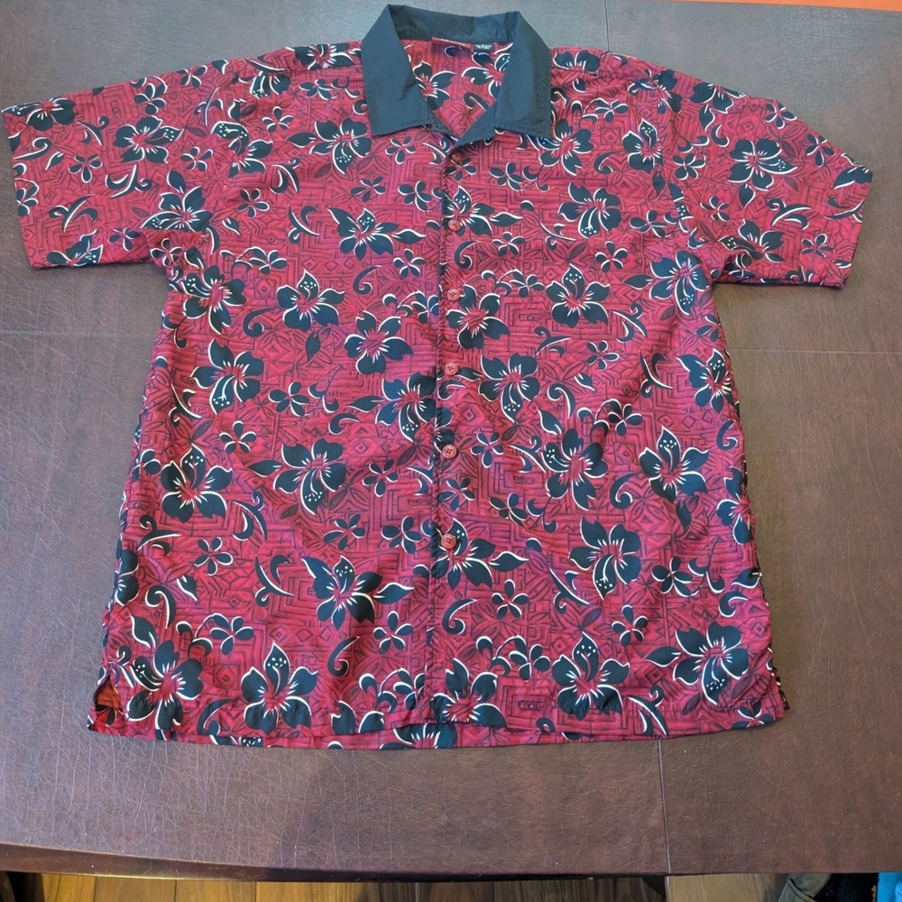 Zero Gravity Red‎ Black Floral Aloha Hawaiian Shirt Men's Large Short Sleeve